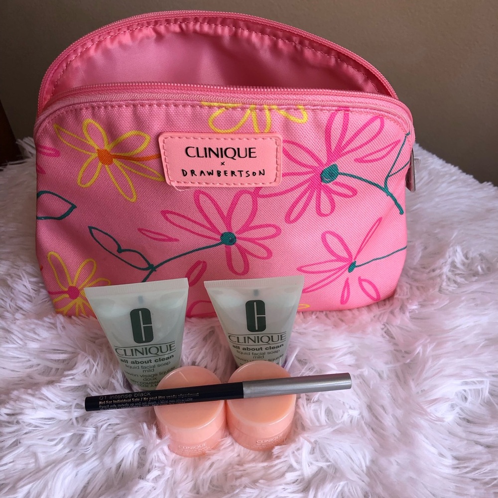 Clinique Pink Floral Cosmetic Bag with Skincare Set